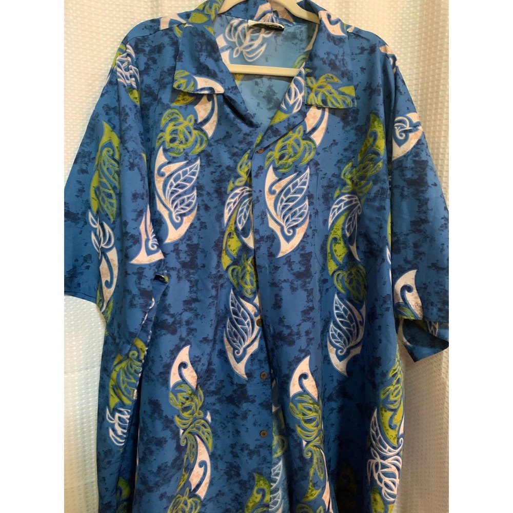 Makani Hawaii Mens Blue Green Tribal Sea Turtle Honu Aloha Shirt Short Sleeve